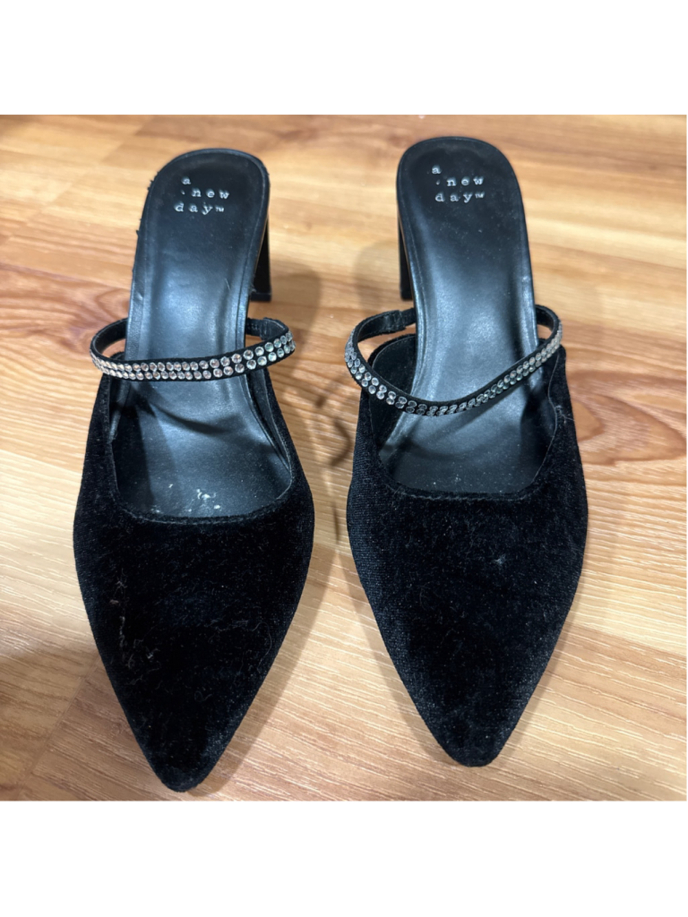 Women's A New Day Black Velvet Rhinestone Strap Heels Size 5.5